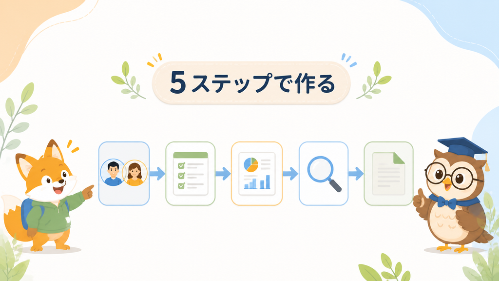 Sparkpageで社内レポートを作る5ステップの流れを示した図|5ステップで作る