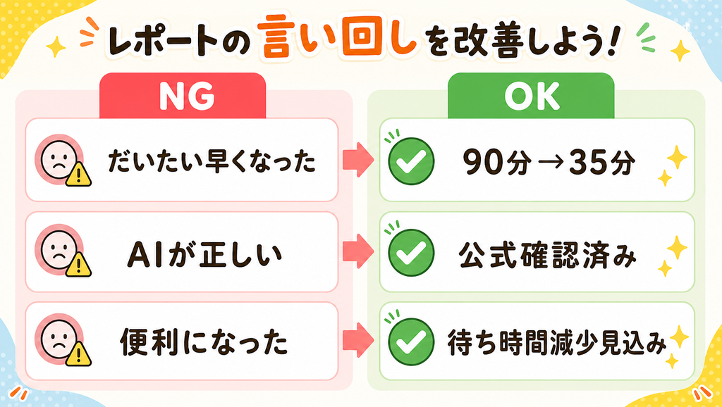 報告で使う曖昧表現を改善する言い換え比較図