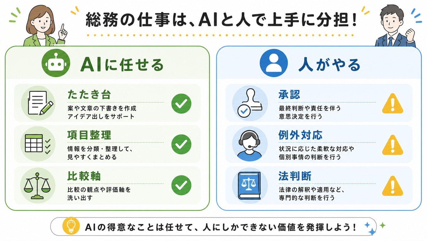 AIに任せる業務と人が確認する業務を分けて示した図