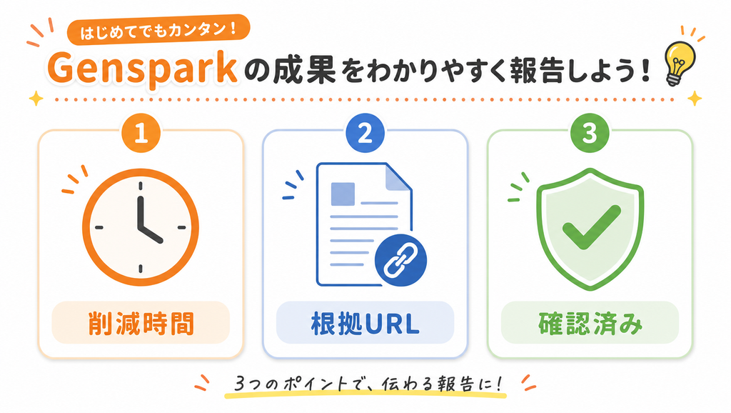 Genspark活用報告で必要な3要素を示した図