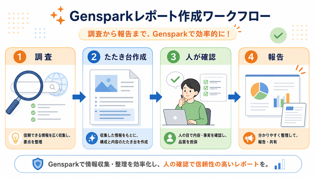 Gensparkを使った調査から報告までの流れを示した図