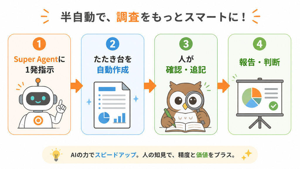 Super Agentで調査から報告までを半自動化する流れ図