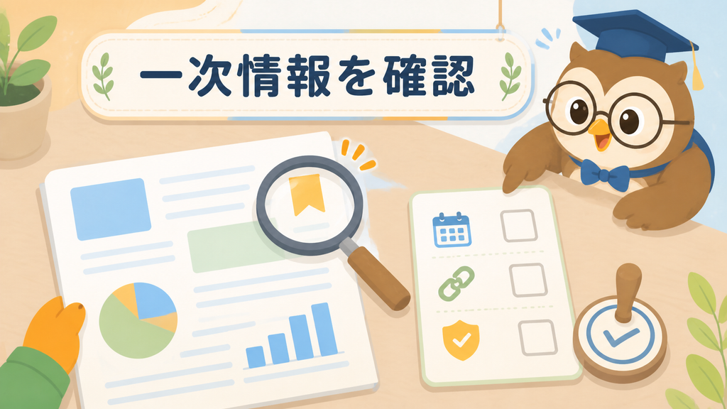 Sparkpage生成後に日付・出典の種類・社内適用を確認するチェックリストを示した図|一次情報を確認